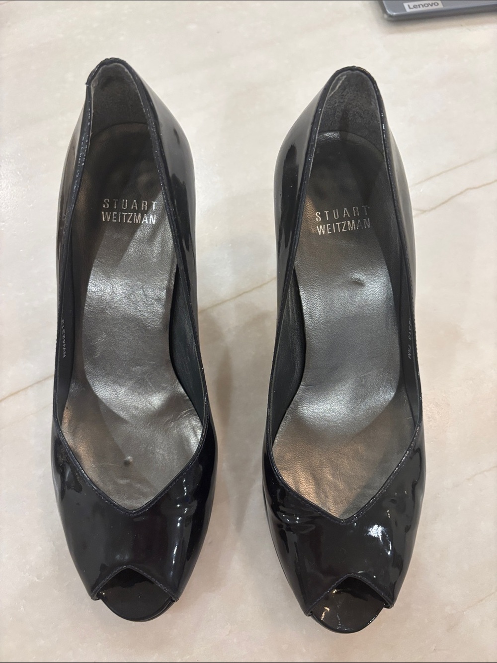 Stuart Weitzman Navy Patent Open-Toe Pumps